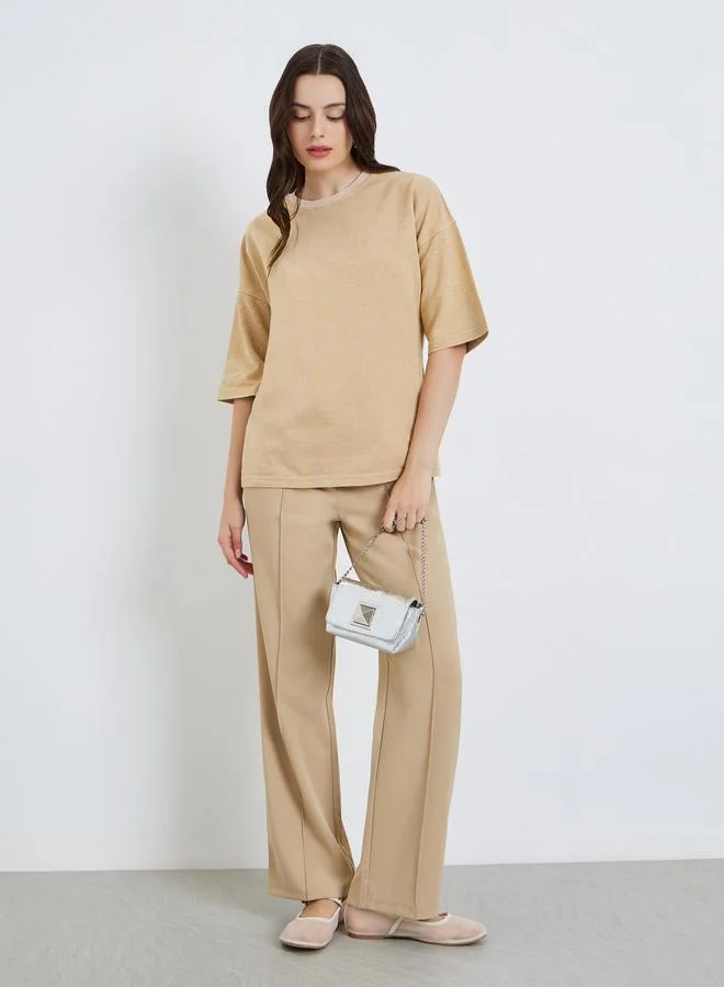 ستايلي Women Washed Studded Sleeve 100% Cotton T-Shirt